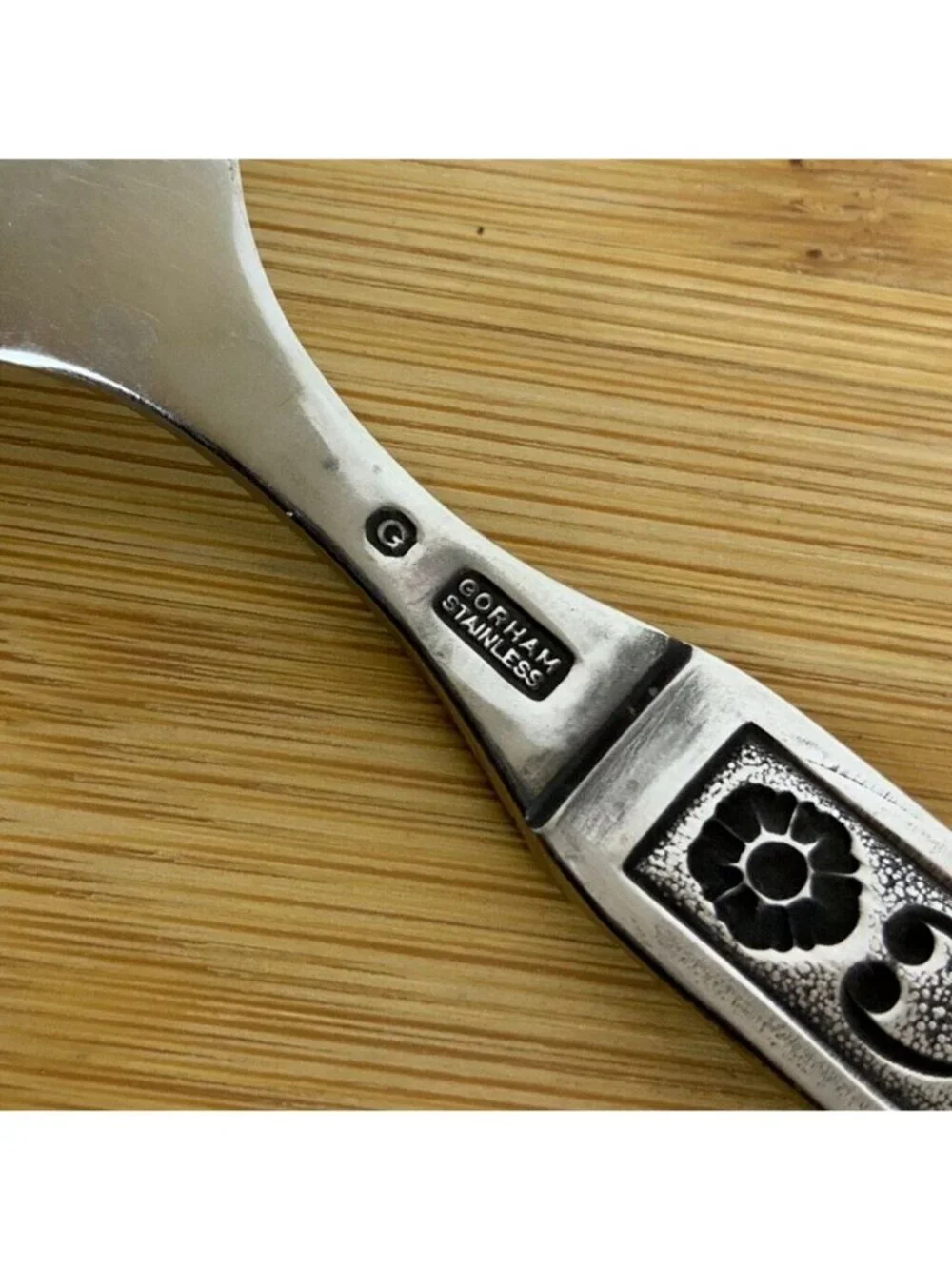 Gorham Hacienda Stainless Steel Meat Fork Floral Black Accent Vintage 1960s